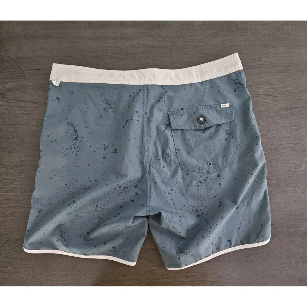 Vuori Cruise Board Swim Shorts Men's 36 Steel Blue Splatter Drawstring